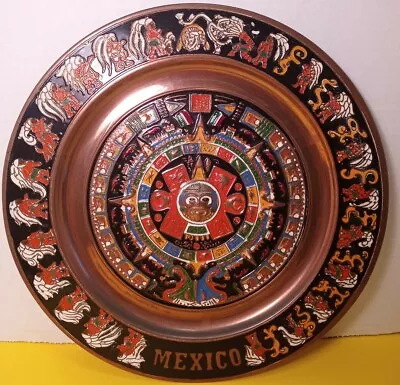$19.50 • Buy  Mexico Mayan Aztec  Folk Art  Metal Decor Enamel Inlay Plate 11 Inches