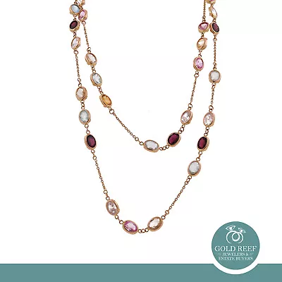 Multi-Gemstone Chain Necklace 14K Yellow Gold 32  Circle Link Chain Oval Gems • $1399.99