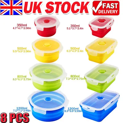 Silicone Food Storage Containers With Lids 8 Pack Set Collapsible Meal Lunchbox • £21.89