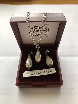 Vintage 9ct Gold Pearl Teardrop Earrings With Matching 15.5 ' Silver Necklace. • £64.50