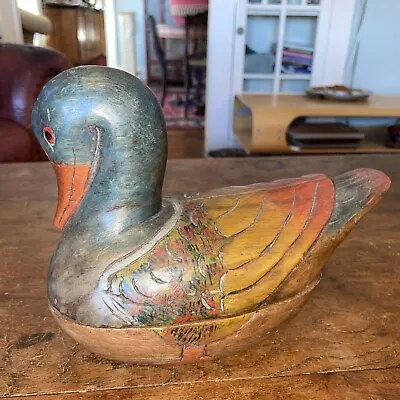 Vintage Wood Duck Box Hand Carved Folk Art Decoy Trinket 9  X 7” • $28.20