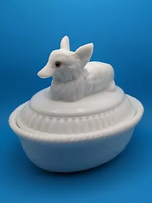 VTG Westmoreland Fox On Nest Basket Covered Dish Milk Glass Amber Eyes ~ Mint • $119.97