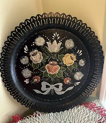 Vintage Black Hand Painted Floral Round Toleware Metal Serving Tray  12  Shabby • $6.95