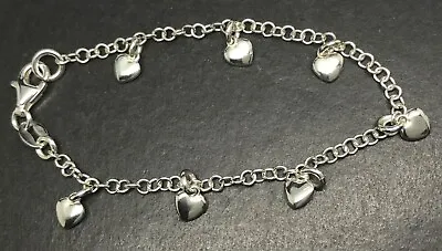 Child Hearts Bracelet Solid Sterling Silver 5 1/2” Charms Gift Box. • £26