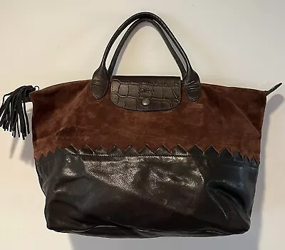 Longchamp Modele Depose Cody Medium Black Leather Brown Suede Purse • $275
