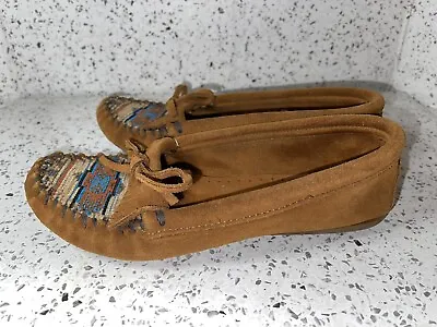 Minnetonka El Paso Moc II Suede Flats Moccasin Shoe Size 7.5 Blue Aztec 472K • $25