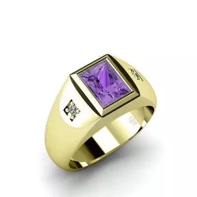 Gents Ring 18K Yellow Gold With Diamonds And Amethyst Gemstone Wideband Wedding • $1649