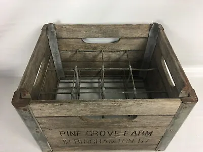 Vtg Pine Grove Farm 12 Binghamton 57 Wood & Metal Banded Milk Dairy Crate Box • $120