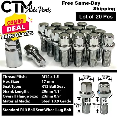 20x Chrome 14x1.5 Ball Seat Wheel Lug Bolt + Lock Set Fit Volkswagen Stock Wheel • $45.99