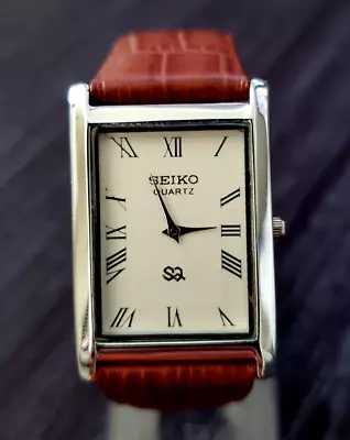 RARE NOS Seiko Men Tank Rectangular Gorgeous White Dial Brown Band Dress Watch • $77.99