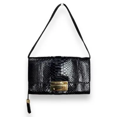 Michael Kors Collection Black Leather Python Lock Clutch Purse Lock Key • $99