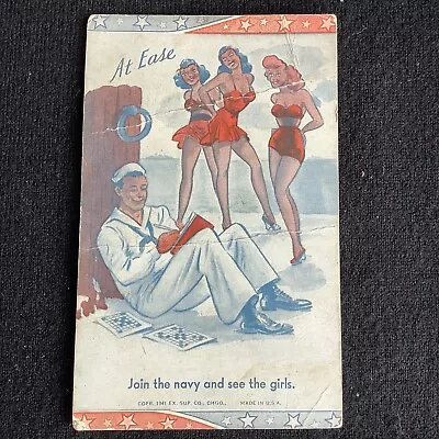 Vintage Patriotic Navy Sailor Doing Crossword Puzzle  Postcard Bathing Beauties • $2.90