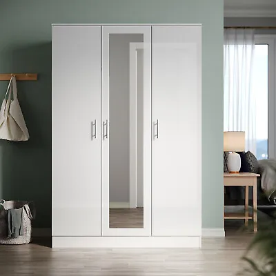 White High Gloss 3 Door Triple Mirrored Wardrobe With Hanging Rail & Shelves • £216.18