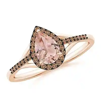 ANGARA Pear-Shaped Morganite Ring With Coffee Diamond Halo For Women In 14K Gold • $923.12