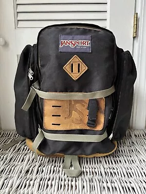 Vintage 90s Jansport Leather Bottom Backpack Day Pack Made In USA Black Large • $30