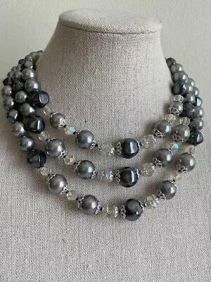 Vintage Silver Tone Chunky Baroque Faux Pearl AB Crystal 3 Strand Necklace Retro • $19.70