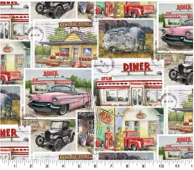 BTY Springs Creative Vintage Cars & Diner Print 100% Cotton Quilt Fabric Yard • $10.50