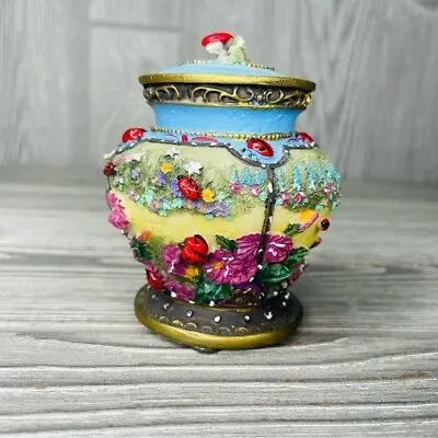 Vintage Flying 3D Lady Bug Spring Floral Lidded Trinket Box Music Box Stash Box • $30