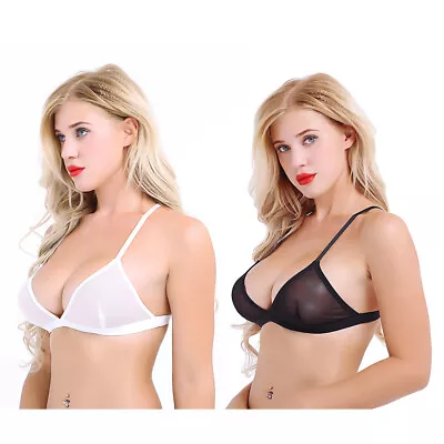 UK Womens Sheer Mesh Wire-Free Unlined Bra Spaghetti Strap No Padded Bralette • £6.41