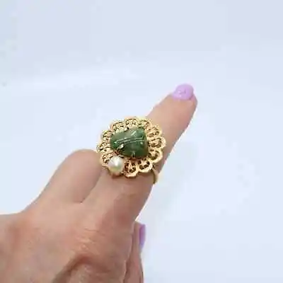 Mid-Century Green Agate Faux Pearl Ring Vintage Cocktail Gemstone Gold Statement • $24.99