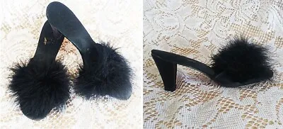 Vintage Flirto Black Satin Marabou Peep Toe Bedroom Slippers / Mules / Slides • £193.02