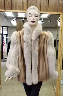 CLEARANCE Letout Mink Fur Coat With Fox Fur Sleeves And Tuxedo Trim - Size 10 • $1895