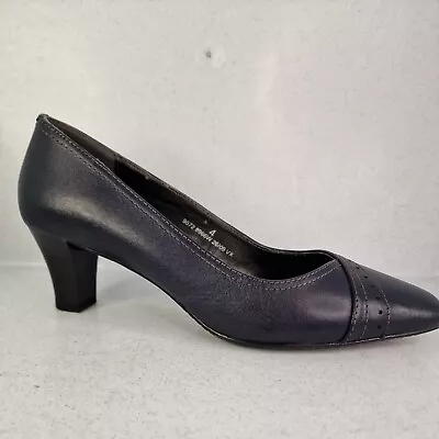 M&S Footglove Shoes Wider Fit  Court Pumps Mid Heel UK4 French Navy Leather VGC • £13.97