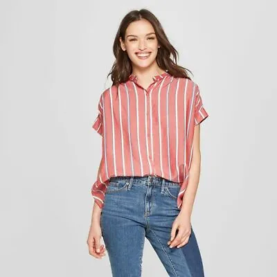 Women's Banded Striped Short Sleeve Woven Top Shirt Blouse- Universal Thread • $8.70