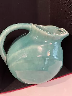 Vintage McCoy Teal Blue Green Art Deco Ball Glazed Pottery Pitcher With Ice Lip • $22.99