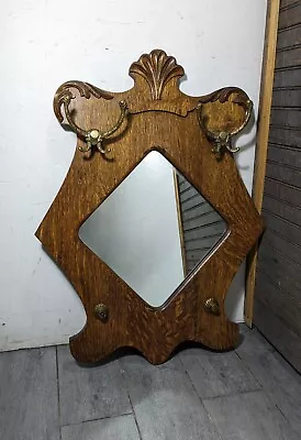 Antique Quartersawn Tiger Oak Wood Victorian Wall Hall Mirror With Brass Hooks • $315