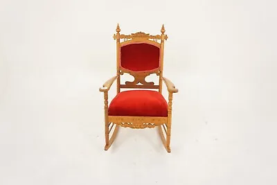 Antique Carved Oak Upholstered Rocking Chair American 1900 H897 • $487.50