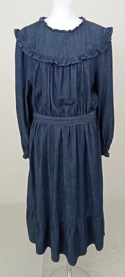 £9.99 • Buy M&S Women's Dress Size 20 Blue Denim Belted Ruffle Long Sleeve Buttons Used F1