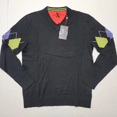 $99 • Buy ROBERT GRAHAM Medium Black Purple & Green Cotton & Cashmere V-Neck Men's Sweater