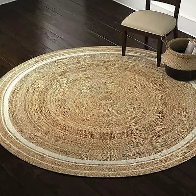 Round Rug 100% Natural Braided Jute Handmade Rustic Look Area Rug White Border • $31.71