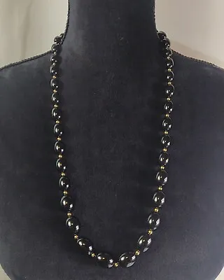 Vintage Monet 28 Inch Necklace Black Gold Tone Graduated Beaded Costume Jewelry  • $11.75