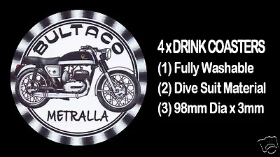 4 X BULTACO METRALLA MOTORCYCLE MOTOR CYCLE DRINK COASTERS - Fully Washable • $12.95