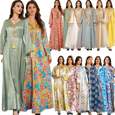 Dubai Muslim Abaya Maxi Dress Robe Women Floral Print Kaftan Moroccan Party Gown • $38.05