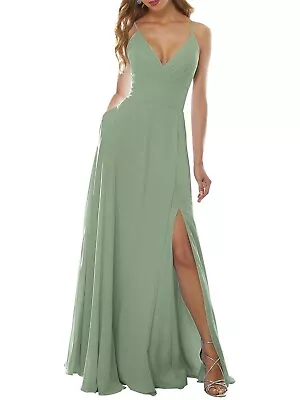 UK A-Line V-neck Floor-Length Chiffon Bridesmaid Dress Pastel Green • £29.99