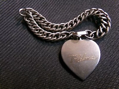 Vtg. (1950's) Large Dangling Heart Charm ID Bracelet Stainless Steel  Chain 7.5  • $3.22