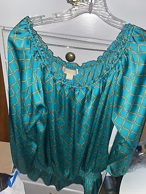 MICHAEL KORS Size L Womens Teal Chain Link Logo Design LS Peasant Blouse • $16