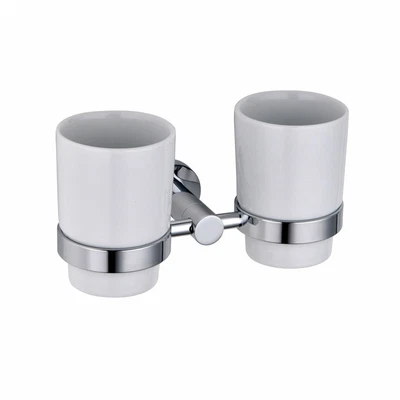 £12.99 • Buy Chromed Brass Bathroom Accessory - Double Ceramic Tumbler/Toothbrush Holder