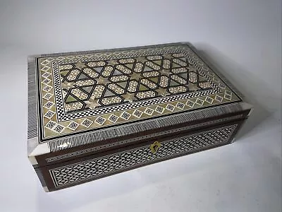 Vintage Wood Inlay Inlaid Mosaic Mother Of Pearl Trinket Jewelry Box (no Key) • $45