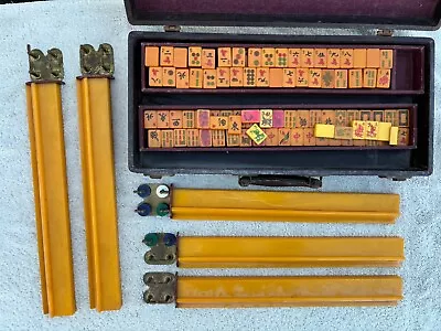 Vintage Catalin Bakelite Mah Jong Set 125 Butterscotch Tiles W/Case & Racks • $360