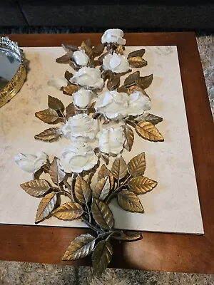 Vintage Homeco Floral Wall Decor White Roses With Gold Gilt  Homeco Wall Hang • $25.99