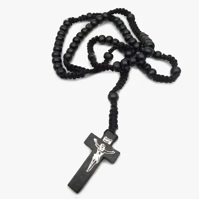 Wooden Rosary Bead Necklace With Cross Dark Brown & Black Womens Mens 47cm CA/ • $1.69