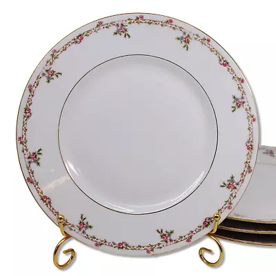 B&Co L Bernardaud Limoges Morgan 9 3/4  Dinner Plates Pink Rose Gold Rim 1900 • £18.34