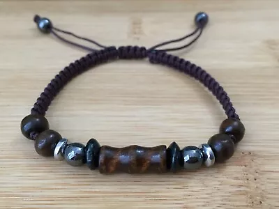 Men's Fashion Brown Braided Adjustable Hematite Shamballa Bracelet Wood Design • $11.49