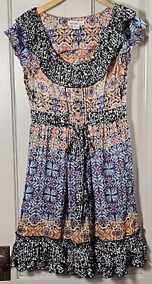 Kensie Womens Colorful Floral Animal Print Boho Peasant Dress Ruffles Tie Size L • $17.90