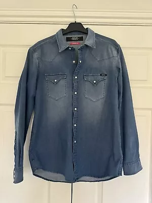 Replay Mens Shirt Blue Large Denim Hyperflex Muscle Stretch Snap Western Cowboy • £10