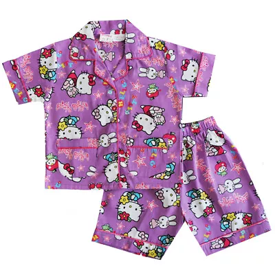 New Kids Girls 100% Cotton Button Pyjamas Hello Kitty Sleepwear Summer Nighties • $16.50